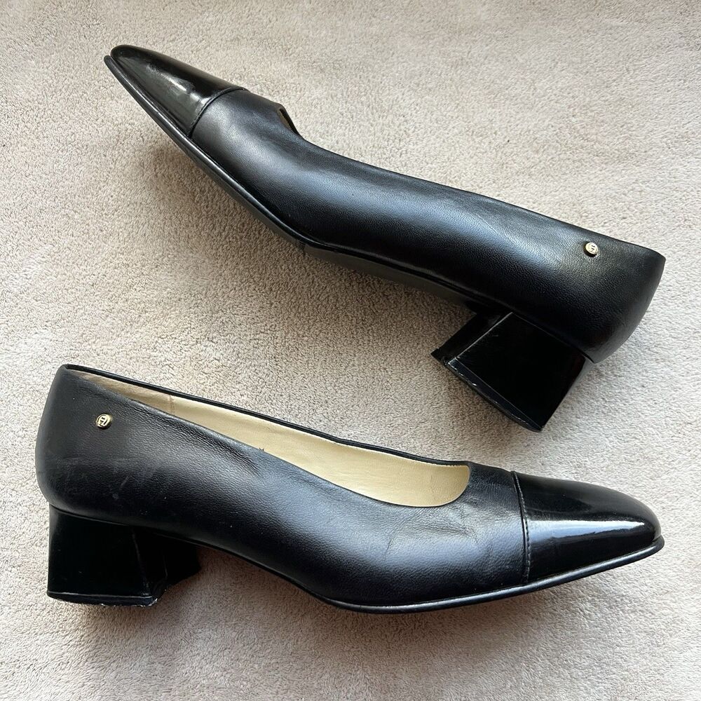 Etienne Aigner Siena Black Leather &‎ Patent Leather Cap Toe Block Heel Pump 7.5
